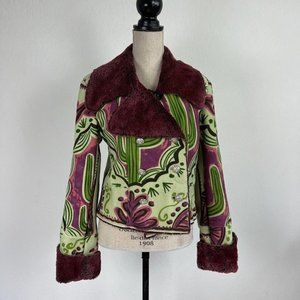 Custo Barcelona Designer Green & Purple Cactus Faux Fur Wool Moto Jacket Size 6